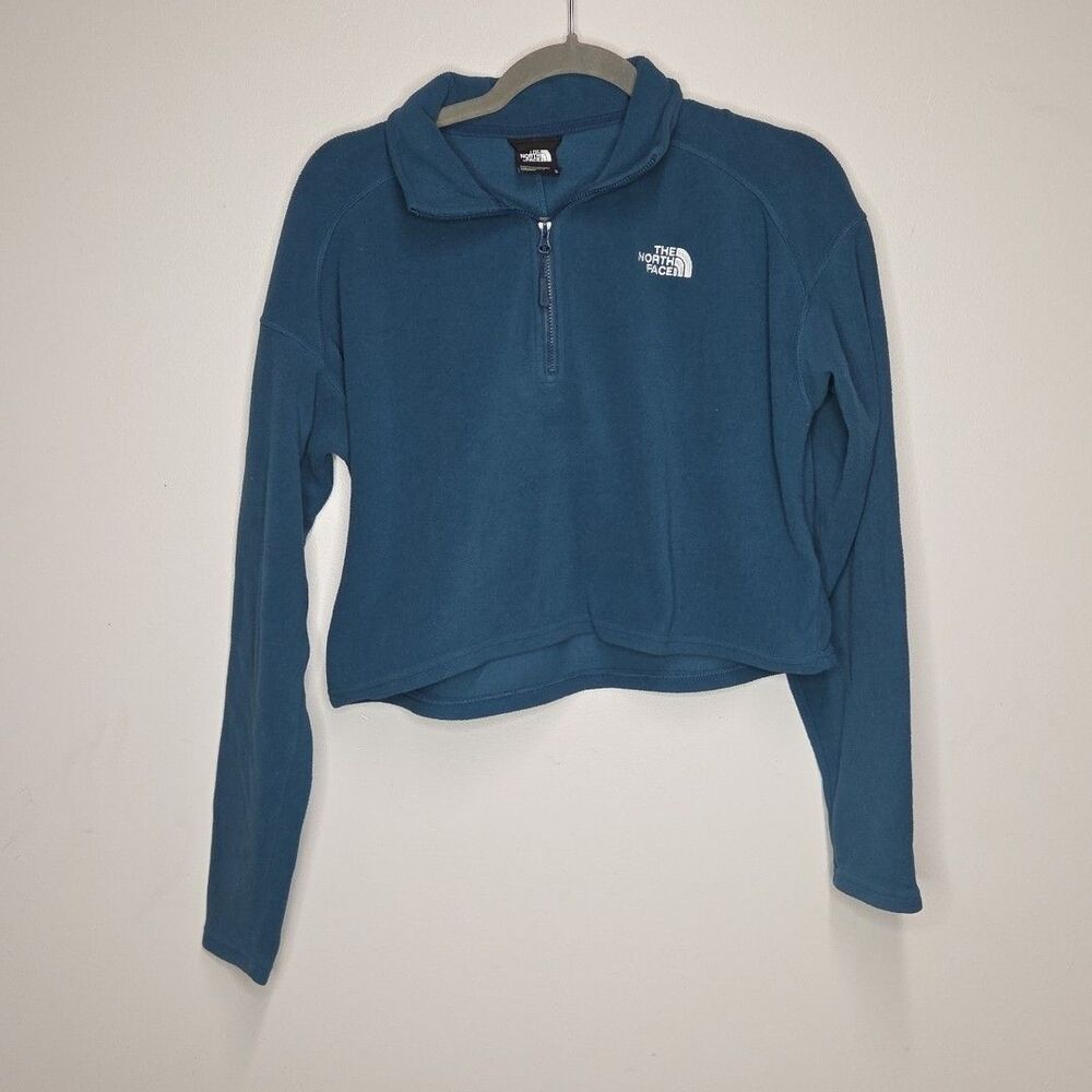 The North Face Polartec Blue Fleece Cropped 1/4 Zip Long Sleeve Sz M tee EUC